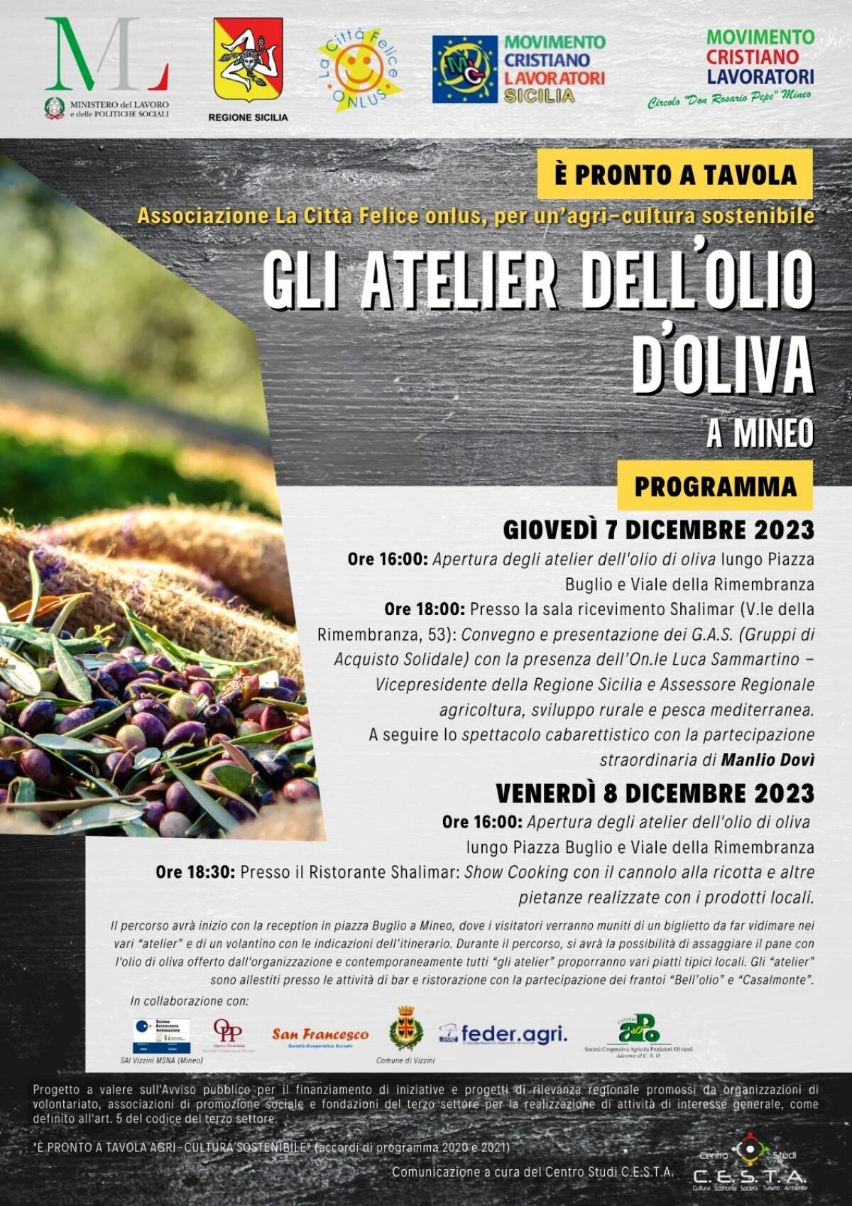 Mineo, progetto “E’ pronto a tavola”: Giovedì 7 e Venerdì 8 dicembre due appuntamenti con “Gli Atelier dell’Olio di Oliva” - 
