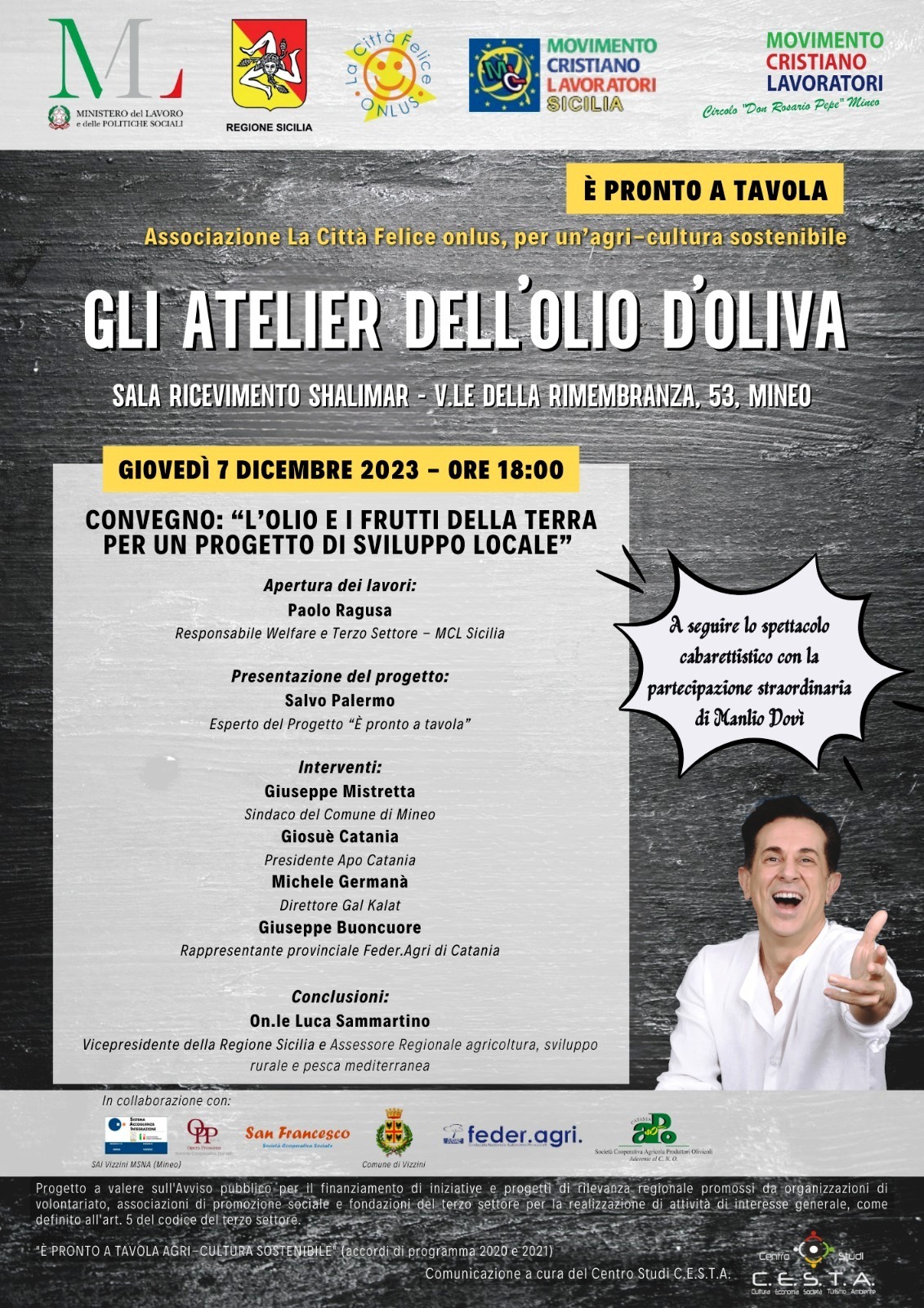 Mineo, progetto “E’ pronto a tavola”: Giovedì 7 e Venerdì 8 dicembre due appuntamenti con “Gli Atelier dell’Olio di Oliva”