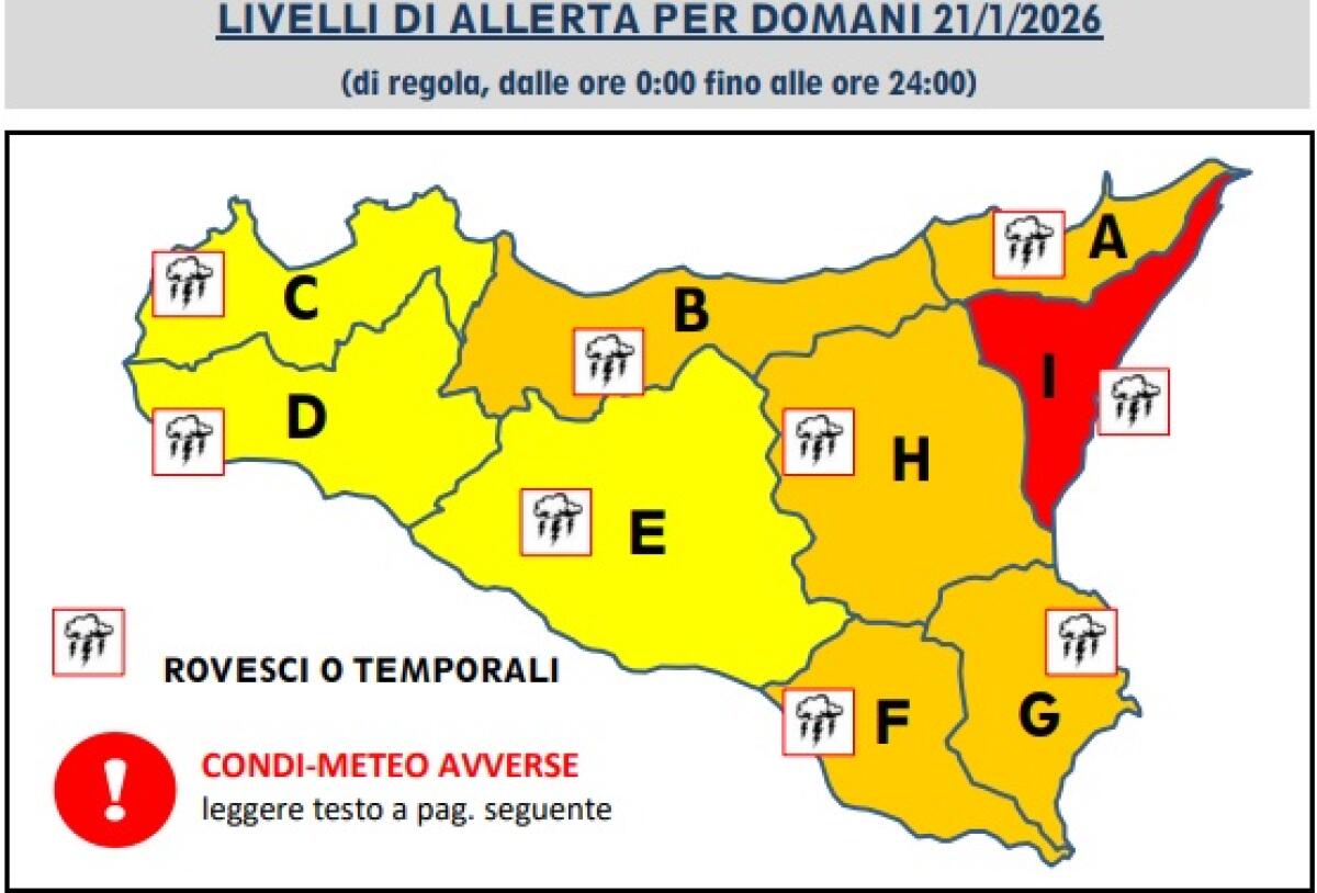Allerta meteo "arancione" in provincia di Catania: mercoledì 21 gennaio scuole e strutture chiuse - 
