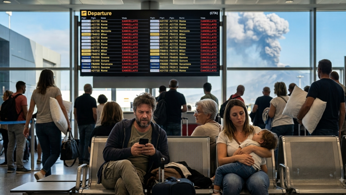 Voli bloccati dall'Etna: quali sono i diritti dei passeggeri - Immagine generata con A.I.